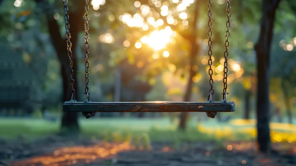 empty swing in front of sun shining through trees