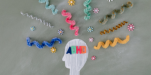 ADHD mind map grey background colourful head