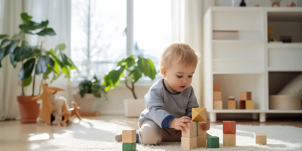 small child boy playing with blocks in a living room