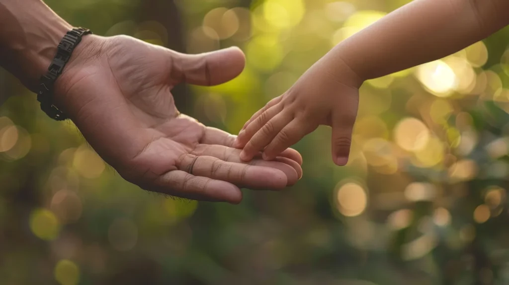 adult and child hands reaching out for each other in front of green trees and sunshine