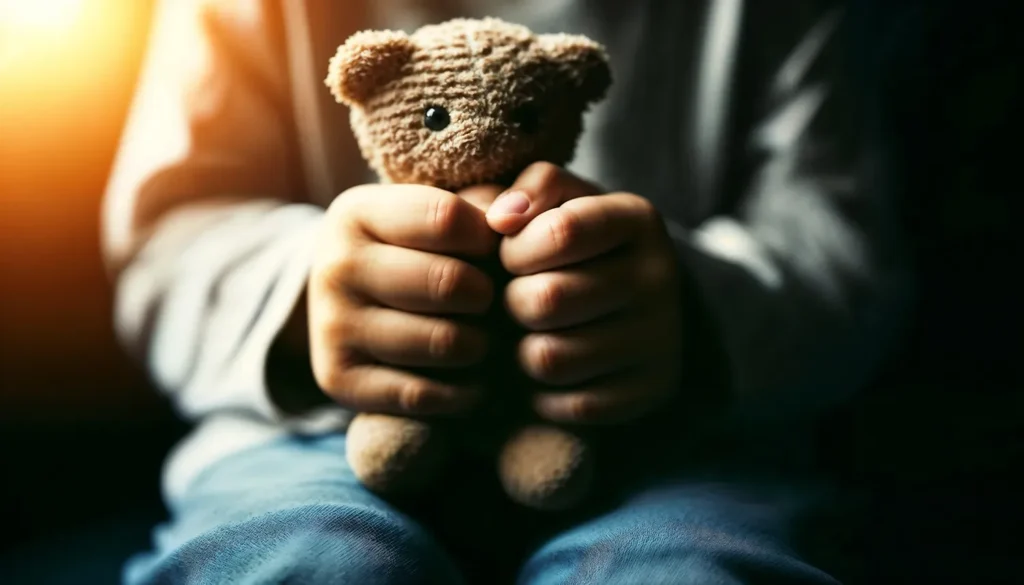 scared child holding his teddy bear - childhood trauma