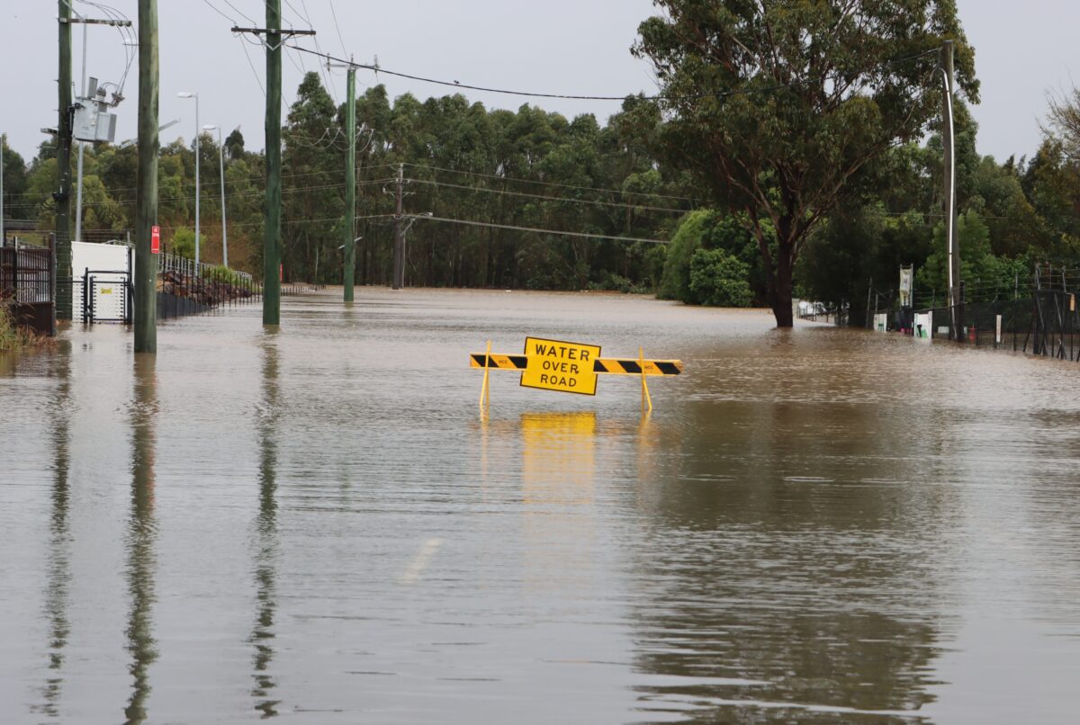 Flooded road near Windsor, Western Sydney, NSW, Australia. July 5, 2022